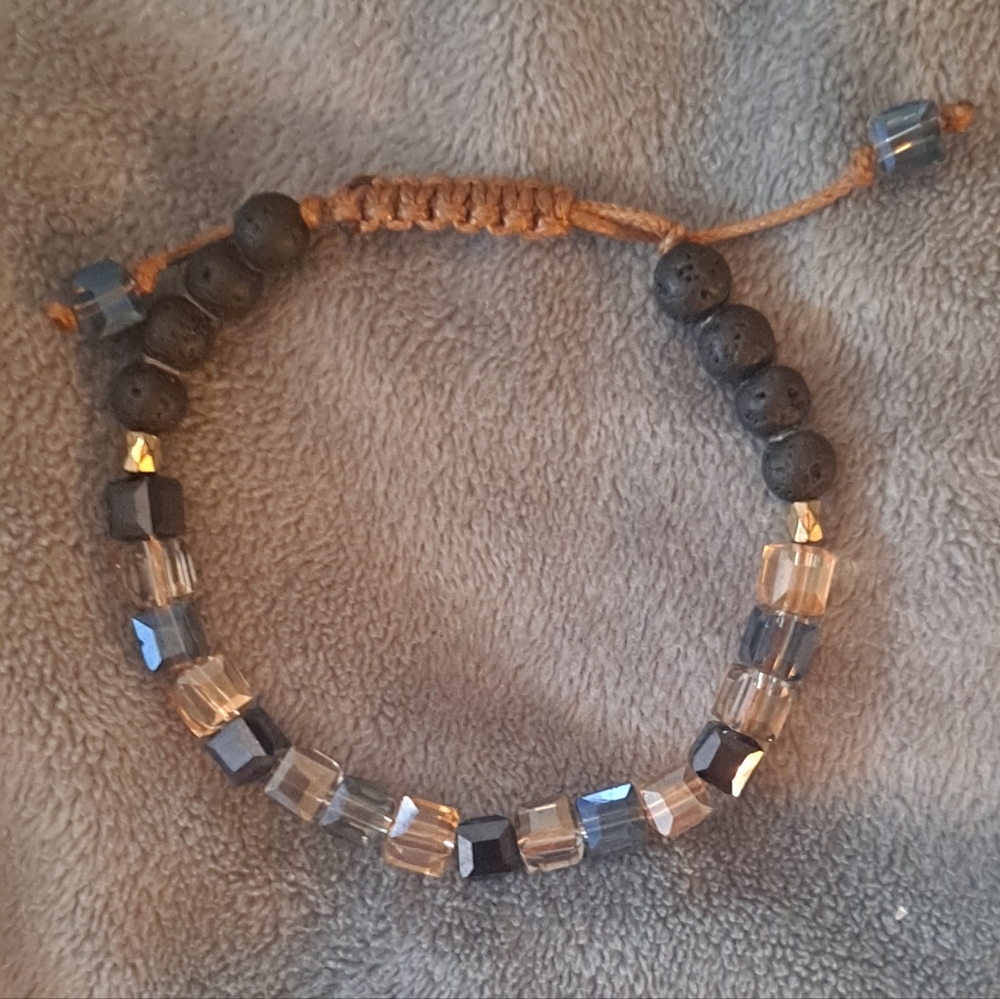 Aromatherapy lava bead & smoky quartz crystal beaded adjustable bracelet